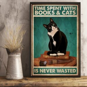 Black Cat Time Spent With Books And Cats Is Never Wasted Vintage Poster Canvas 4