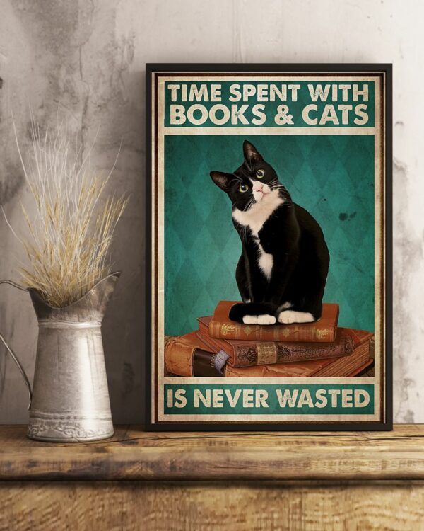 Black Cat Time Spent With Books And Cats Is Never Wasted Vintage Poster, Canvas