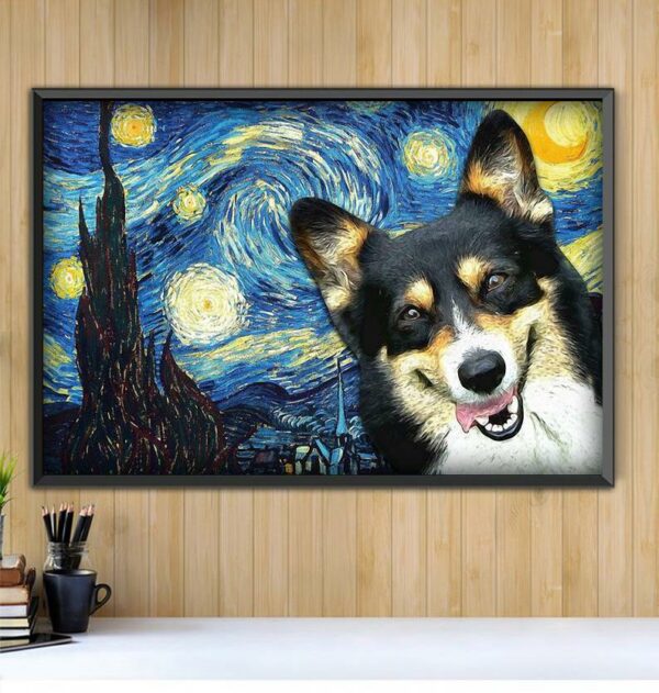 Black Tan Corgi Starry Night poster canvas