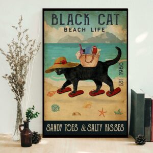 Black cat beach life sandy toes and salty kisses poster canvas