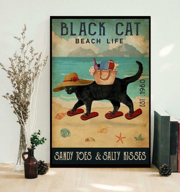 Black cat beach life sandy toes and salty kisses poster canvas