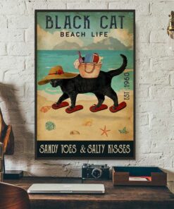 Black cat beach life sandy toes and salty kisses poster canvas 3