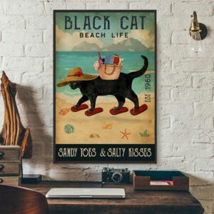 Black cat beach life sandy toes and salty kisses poster canvas 3