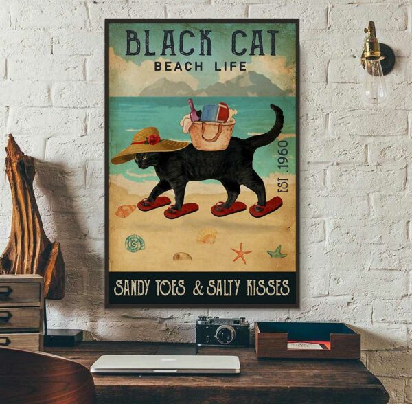 Black cat beach life sandy toes and salty kisses poster canvas