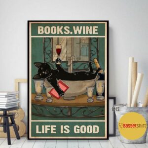 Black cat books wine life is good poster canvas