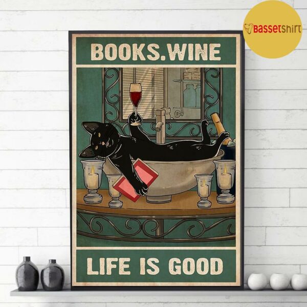 Black cat books wine life is good poster canvas