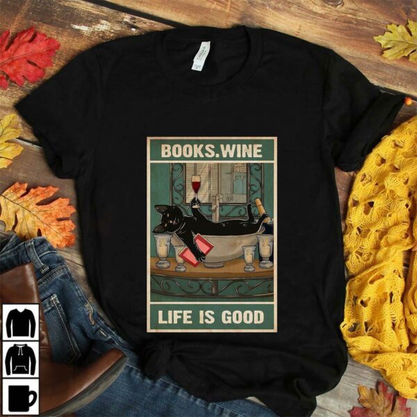 Black cat books wine life is good poster canvas