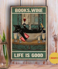 Black cat books wine life is good poster canvas 5