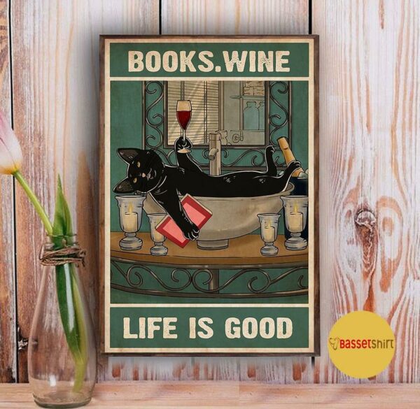 Black cat books wine life is good poster canvas