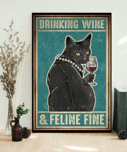 Black cat drinking wine and feline fine poster canvas 1