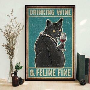 Black cat drinking wine and feline fine poster canvas