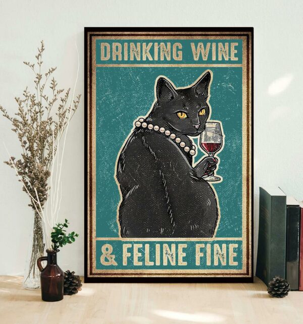 Black cat drinking wine and feline fine poster canvas