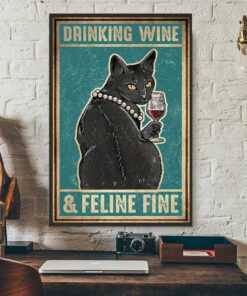 Black cat drinking wine and feline fine poster canvas 2 Black cat drinking wine and feline fine poster canvas 3