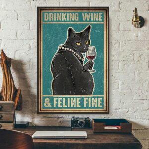 Black cat drinking wine and feline fine poster canvas 3