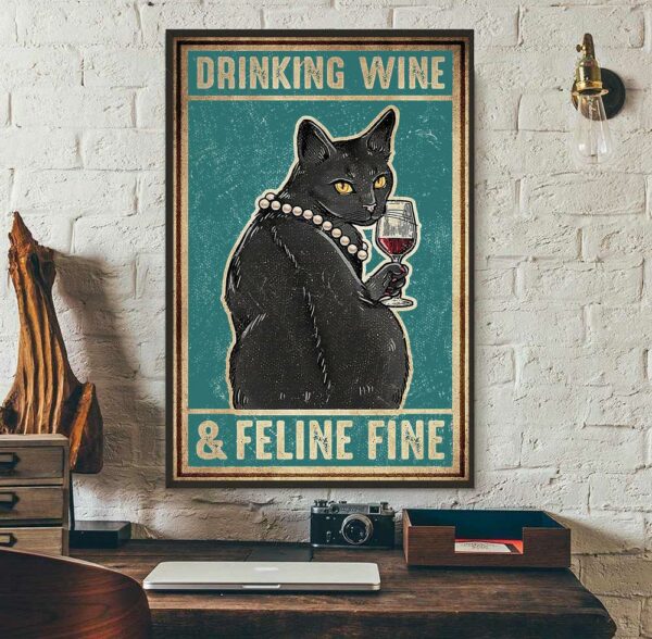 Black cat drinking wine and feline fine poster canvas