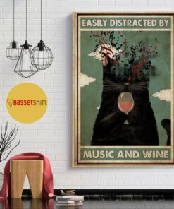 Black cat easily distracted by music and wine poster 1