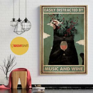 Black cat easily distracted by music and wine poster 1