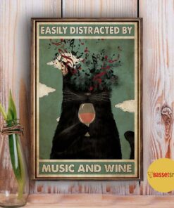 Black cat easily distracted by music and wine poster 3