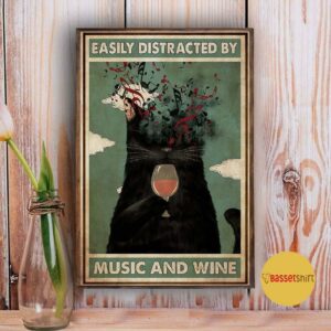 Black cat easily distracted by music and wine poster 3