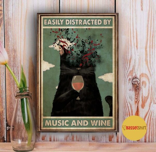 Black cat easily distracted by music and wine poster