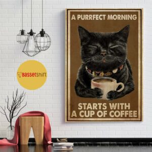 Black cat ppurrfect morning tarts with a cup of coffee poster canvas 1