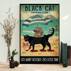 Black cat reading club so many books so little time poster