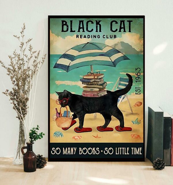 Black cat reading club so many books so little time poster