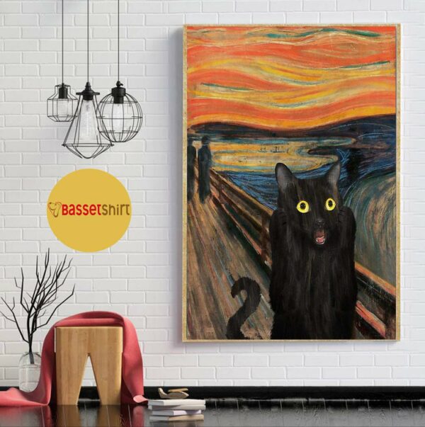 Black cat scream Starry Night poster canvas