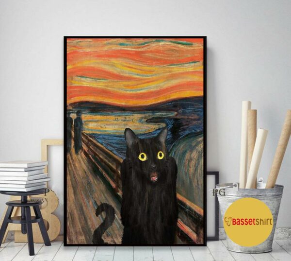 Black cat scream Starry Night poster canvas