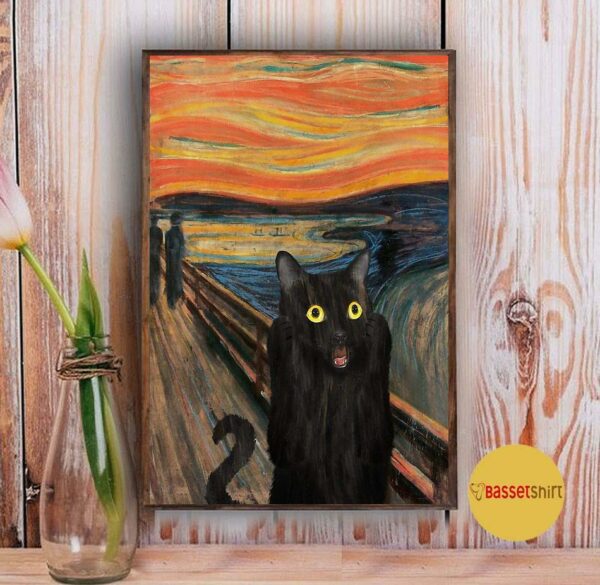 Black cat scream Starry Night poster canvas