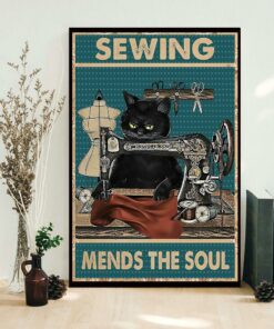 Black cat sewing mends the sould poster canvas 1