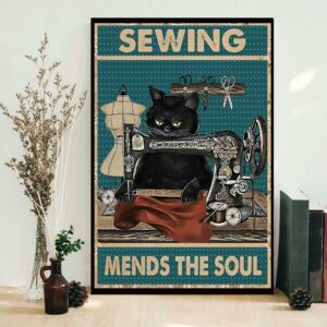 Black cat sewing mends the sould poster canvas 1