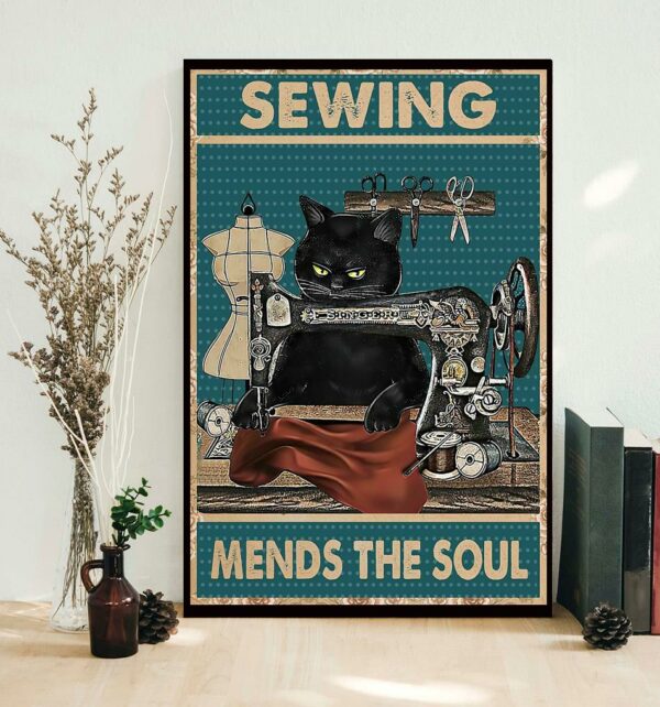 Black cat sewing mends the sould poster canvas