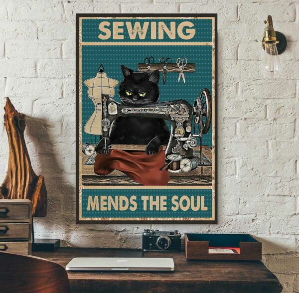 Black cat sewing mends the sould poster canvas