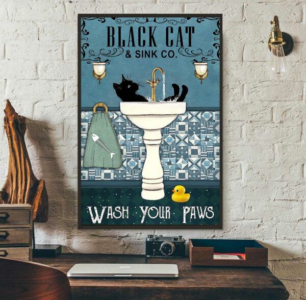 Black cat sink co wash your paws poster canvas