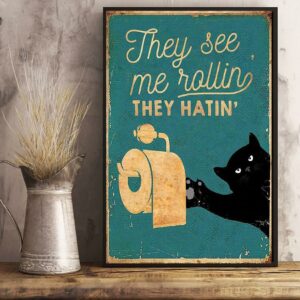 Black cat toilet paper they see me rolling they hatin poster