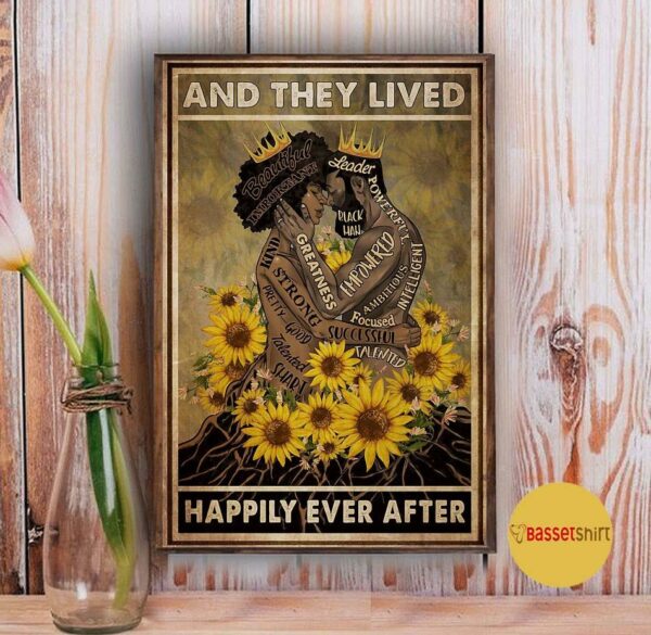 Black couple sunflower and she lived happily ever after vertical poster