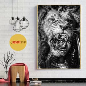 Black girl with lion black and white poster canvas 1