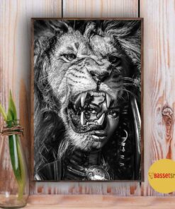 Black girl with lion black and white poster canvas 2 Black girl with lion black and white poster canvas 3
