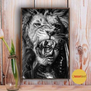 Black girl with lion black and white poster canvas 3