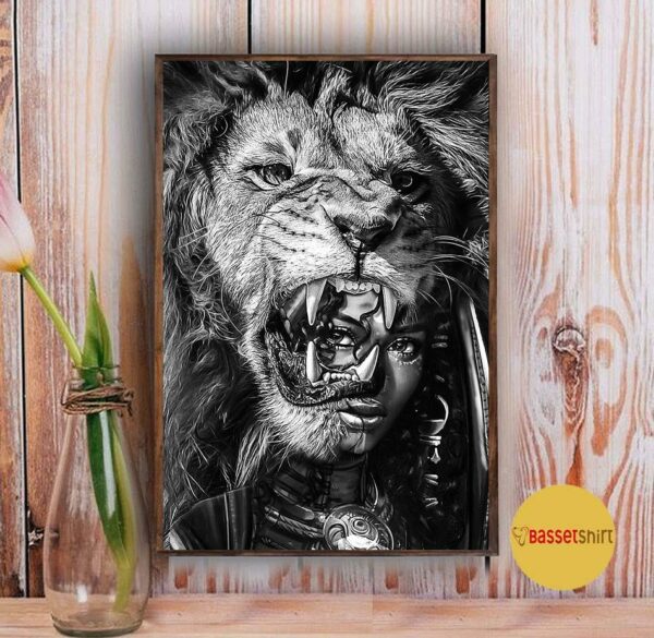 Black girl with lion black and white poster canvas