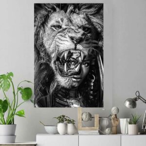 Black girl with lion black and white poster canvas 4