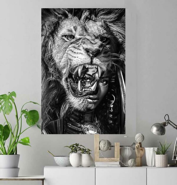 Black girl with lion black and white poster canvas