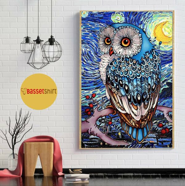 Blue Starry Night Owls print canvas