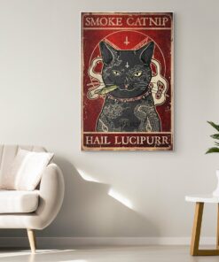 Retro Black Cats Smoke Catnip Hail Lucipurr Cool Cat Tattoo Poster Canvas 1