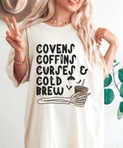 Covens Coffins Curses And Cold Brew Vintage Halloween Shirt 1