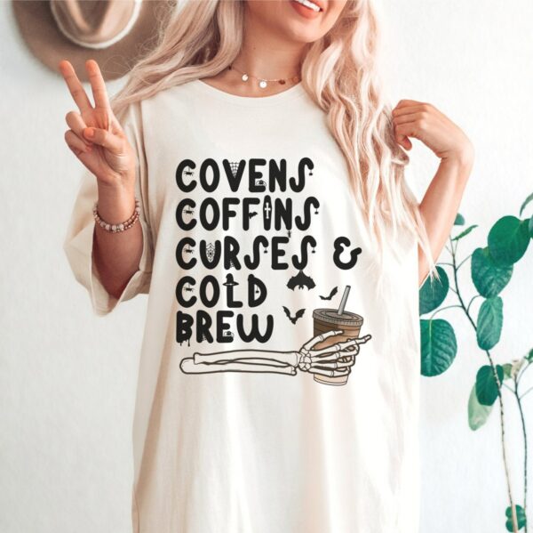 Covens Coffins Curses And Cold Brew Vintage Halloween Shirt