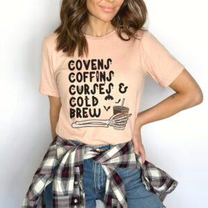 Covens Coffins Curses And Cold Brew Vintage Halloween Shirt