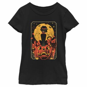 Girl’s Lost Gods Halloween Retro Cat Scene T-Shirt