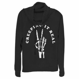 Junior’s CHIN UP Halloween Creepin’ Real Skeleton Cowl Neck Sweatshirt